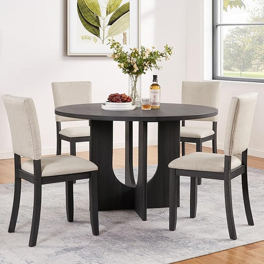 5-Piece Round Dining Table Set for 4, 47.3" Round Dining Room Table with 4 Upholstered Chairs, Modern Kitchen Table and Chairs Set of 4 for Kitchen and Dining Room, Antique Black & Beige