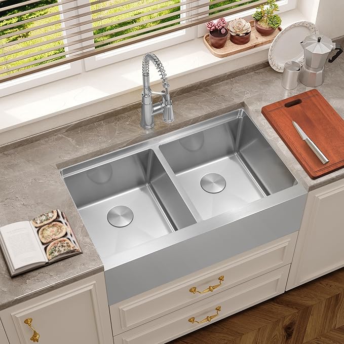 Kitsitchen Stainless Steel Farmhouse Sink 28 Inch, 16-Gauge Stainless Steel 50/50 Double Bowl Workstation Sinks with Abundant Accessories, 10" Deep and Large Undermount Kitchen Sink