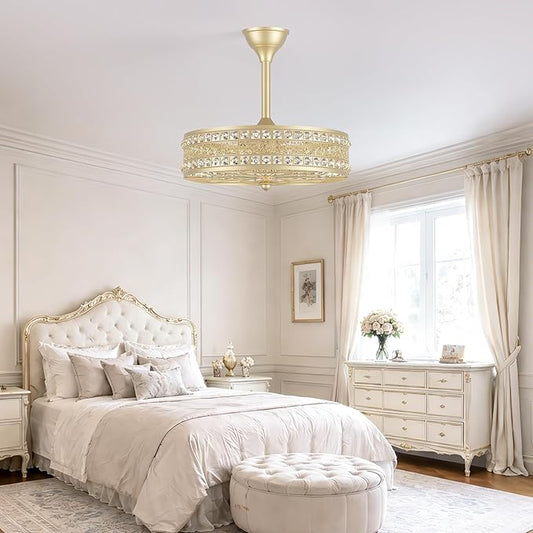 Fandelier Ceiling Fan with Light, Crystal French Glam Chandelier Fan, Decorative Bladeless Enclosed Caged Pendant Light Fixture for Girls Room, Bedroom, Dining Room, Kitchen Island