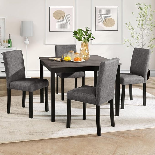5-Piece Dining Table Set for 4, Wooden Kitchen Table and Chairs Set of 4, Square Dining Room Table with Upholstered Seats for Kitchen and Dining, Light Grey & Black Two Tone