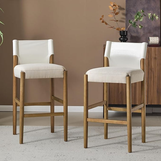 GOWE 28.5'', Modern Solid Wood Bar Stool with Polyester Cushion - Minimalist Kitchen Island Stool for Breakfast Nook & Home Bar (Neutral Tone Design), Set of 2