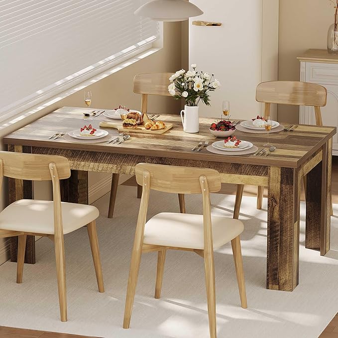 GarveeHome 63 in Dining Table for 4-6, Farmhouse Dinner for 4, Dinner Table, Kitchen with Large Tabletop, Rectangular Dining Room for Kitchen, Living Room, Retro Brown