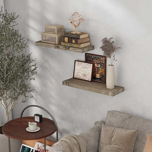 Dreamland Floating Shelves for Wall, Solid Rustic Reclaimed Wood Shelf 7.5 Inch Deep for Storage, Wall Mounted Display Shelving with Invisible Heavy-Duty Metal Bracket, 24 Inch Width Set of 2, Grey