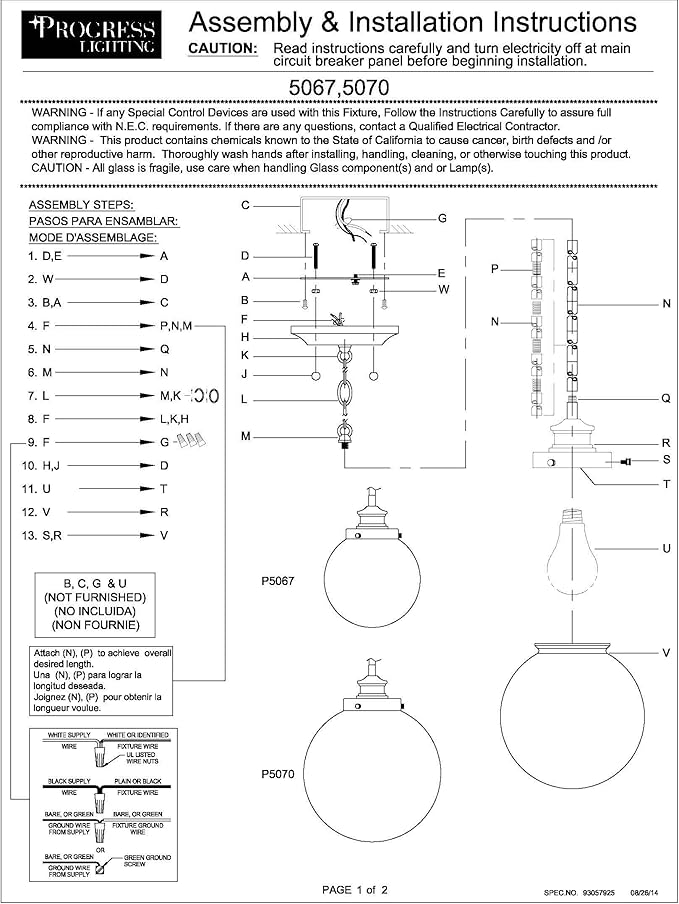 Progress Lighting 1-Light Clear Glass Farmhouse Pendant Light, Penn Collection, Indoor, P5070-104, Polished Nickel