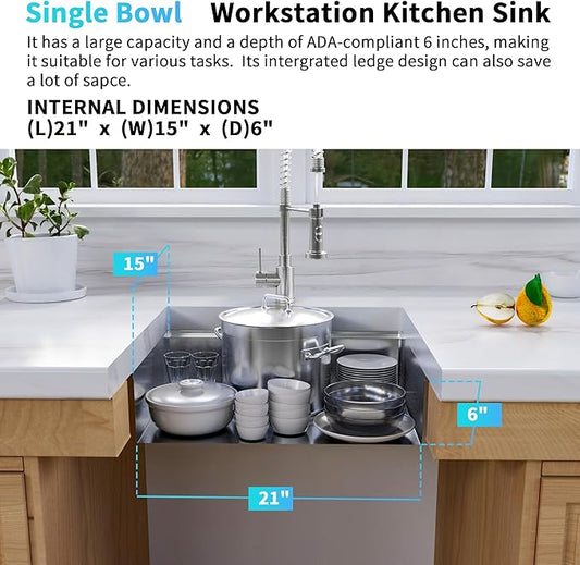 Undermount Kitchen Sink, 23" x 18" x 6" Single Bowl Workstation Sink with Accessories, 16 Guage T-304S Stainless Steel ADA-Compliant kitchen Sinks, 6 Inch Deep RV Kitchen Sink