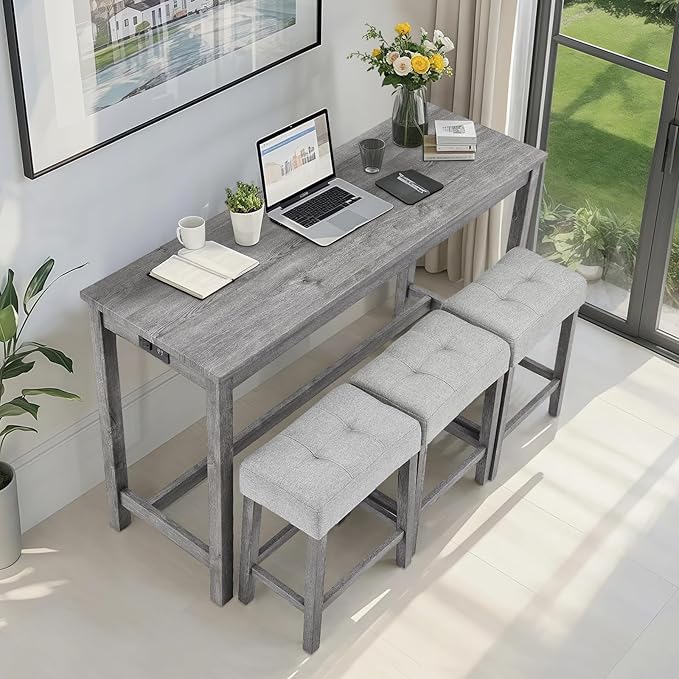 LKTART 4 Piece Bar Table Set Dining Bar Table and Chairs Set with Power Outlet Industrial Breakfast Table with 3 Padded Stools Rustic Bar Kitchen Dinning Room Living Room Grey