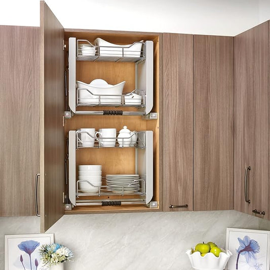 Rev-A-Shelf 24" Pull Down Heavy Duty Shelf Organizer for Tall Kitchen/ Bathroom Cabinets, Dual Tier Wall Mounted Pantry Storage, Chrome, 5PD-24CRN