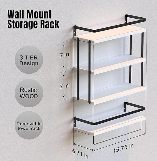 RICHER HOUSE 3+1 Tier Wall Mounted Floating Shelves Set of 2, Rustic Wood Wall Shelf with Metal Frame, Extra Storage Rack for Bathroom, Kitchen, Bedroom with Tissue Rack & Towel Bar - White