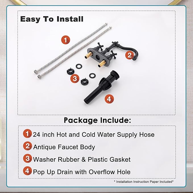 Matte Black Bathroom Faucet Antique, 4 Inch Centerset Bathroom Faucet 3 Hole, Stainless Steel Antique Bathroom Faucet Lavatory Faucet with Pop Up Drain Assembly and Supply Hose, SE-0038-BK