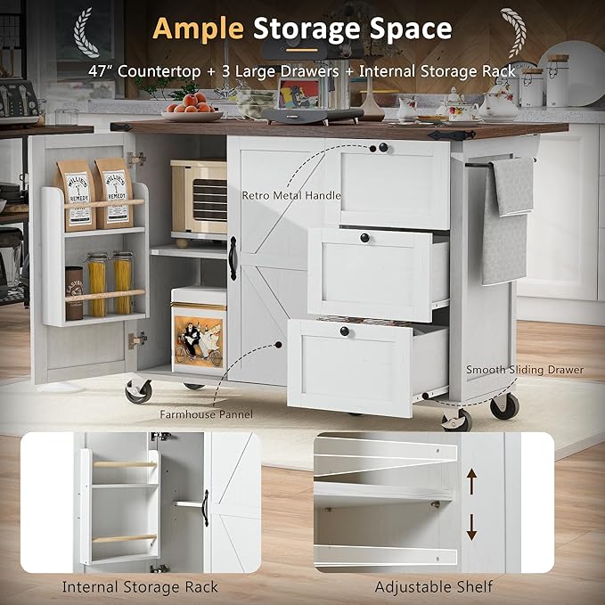 Farmhouse Kitchen Island with Power Outlet, Kitchen Storage Island with Internal Storage Rack, Drop Leaf, Spice Rack, Rolling Kitchen Cart on Wheels, for Home, Kitchen and Dining Room (White#049)