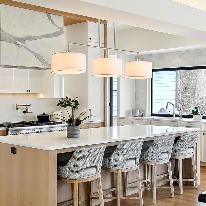 47" Linear Kitchen Island Lighting 3-Light Brushed Nickel Chandelier with White Fabric Drum Shade Adjustable Hanging Pendant Light for Dining Room Light Fixtures Over Table,Kitchen,Bar,Living Room,E26