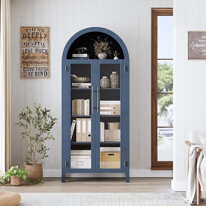 GarveeHome Arched Kitchen Pantry Cabinet - Farmhouse 5 Tier Display Shelf with Adjustable Shelf and 2 Large Glass Doors, Versatile Storage Cupboard for Kitchen, Dining Room, Living Room, Night Blue