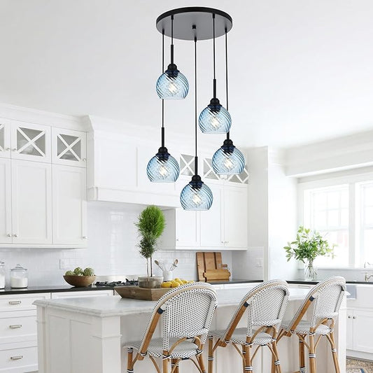 5 Light Cluster Pendant Lighting with Striped Swirl Globe Glass Blue Pendant Light for Kitchen Island, Modern Dining Room Light Fixtures Over Table Hanging Ceiling Light, E26 Base