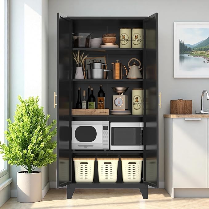 Ball & Cast 71″Tall Freestanding Kitchen Pantry Cabinet,Versatile Metal Storage Cabinet w/Adjustable Shelves & Doors,Pantry Cabinet for Kitchen and Dining Room,Black