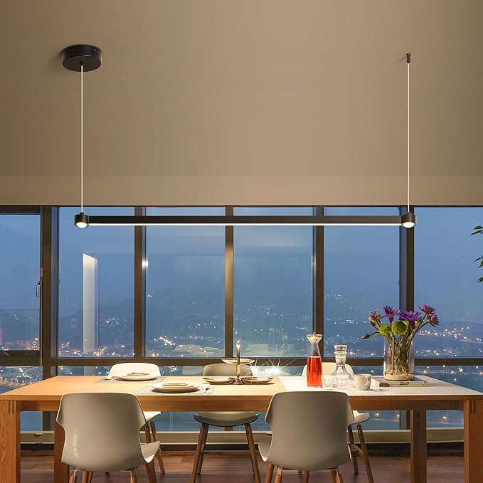 Room Decor Modern Chandelier LED Linear Chandelier Pendant Lighting for Living Room Office Dining Room Kitchen Island Billiard Room, Black 3000K-6000K 15W, Dimmable Brightness