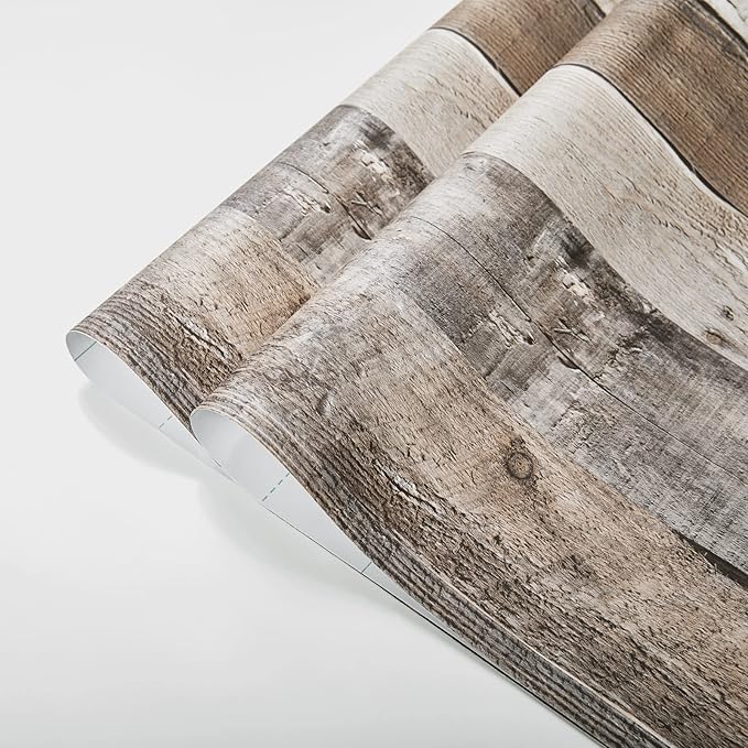 Yun-aeon Natural Wood-Grey Wood Contact Paper Peel and Stick Wallpaper 17.3"x 120"Self Adhesive Removable Vintage Faux Wood Wall Paper Plank Shelf Home Decoration Kitchen Counter Cover Use