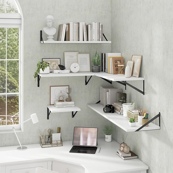 Acovy Deep Floating Shelves Wall Mounted, 48"x12" White Wall Shelves with Brackets Set of 2 for Bedroom, Living Room, Bathroom, Kitchen, Office - Storage & Display Shelf for Decor, Books, Plants
