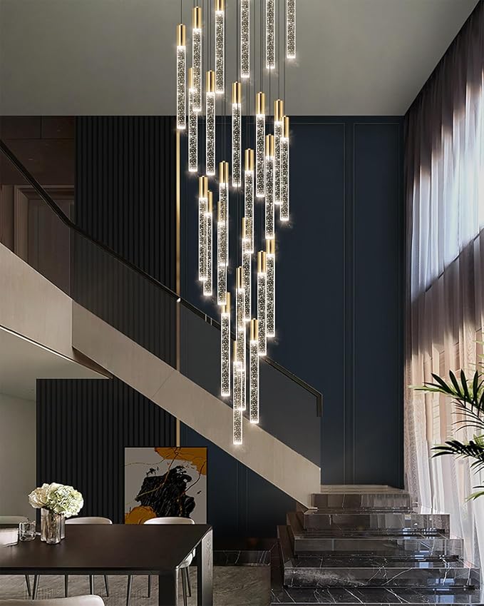 HAIXIANG 13FT High Ceiling Chandelier for Entryway Modern Crystal LED Light Glam Chandeliers for Living Room Foyer Sloping Ceiling Pendant Lighting Fixture 24-Lights Gold