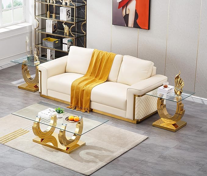 Glass Living Room Table Set of 3, Modern Glass Coffee Table with 2 End Tables Set for Apartment, Luxury Coffee Table Sets Perfect for Living Room, Stainless Steel Frame