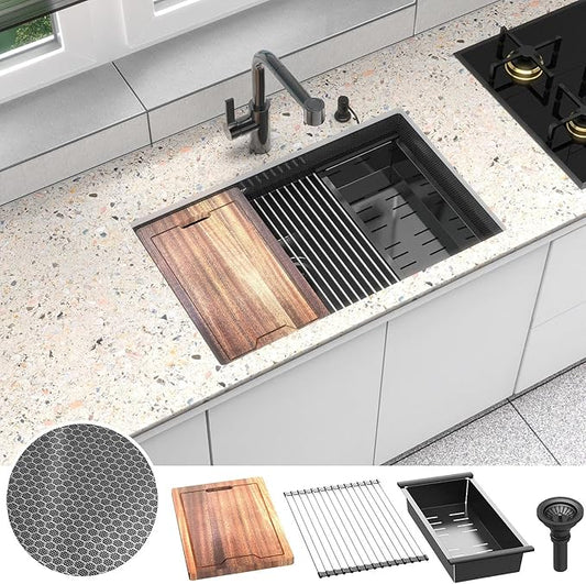 30inch Kitchen Sink Undermount Metal Black - Feibus 30x19x10 with Double Step Workstation 16 Gauge Honeycomb Embossment Stainless Steel Single Bowl