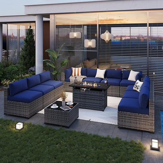 Aoxun Patio Furniture Sets, 12-Piece Outdoor Patio Furniture with 44'' Propane Gas Firepit Table, Wicker Outdoor Conversation Set Sectional Sofa for Backyard, Poolside, Garden