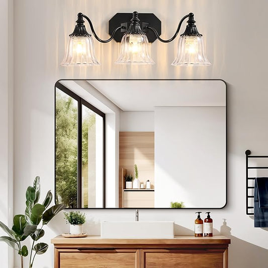 Black Vintage Bathroom Vanity Light Fixture, 3-Light Vanity Light for Bathroom, Antique Matte Black Finish with Crystal Glass Shade, Lighting Fixtures Over Mirror for Bedroom Living Room