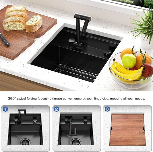 Outdoor Kitchen Sink 15x18 Inch with Foldable Faucet, Nano Black 16 Gauge Stainless Steel RV Camper Bar Prep Workstation Sink with Cutting Board Cover, Bottom Grid & Drain Kit