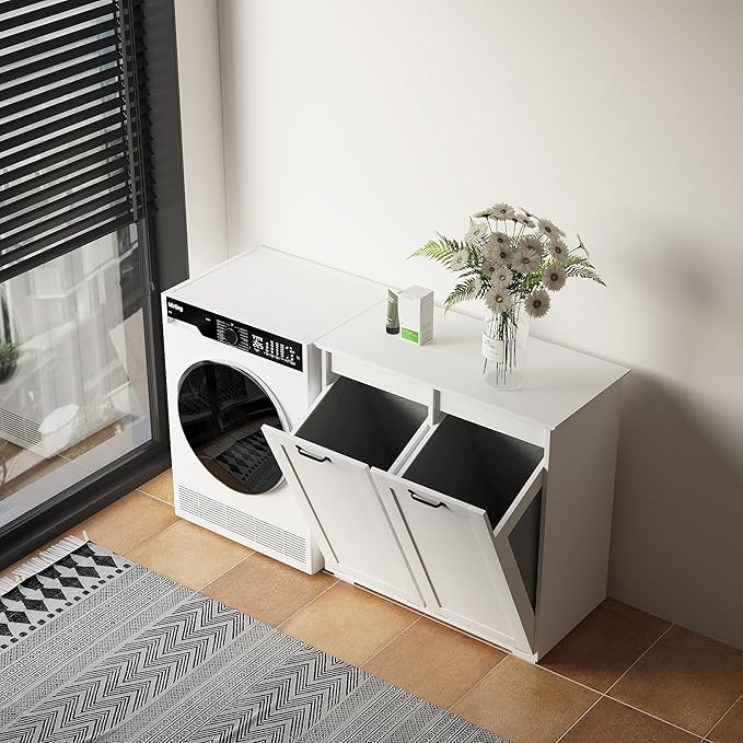 KEIKI Double Tilt Out Laundry Hamper Cabinet, with 2 Removable Liner Bags, Double Doors Hidden Hamper w/Metal Handles, Free Standing Wood Laundry Sorter Floor Cabinets for Bathroom,White, (Style A)