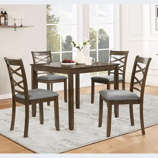 5-Piece Wooden Dining Table Set for 4, Modern Square Dining Room Table and Chairs Set of 4, Dining Table Set for 4 People for Kitchen and Dining Room, Walnut