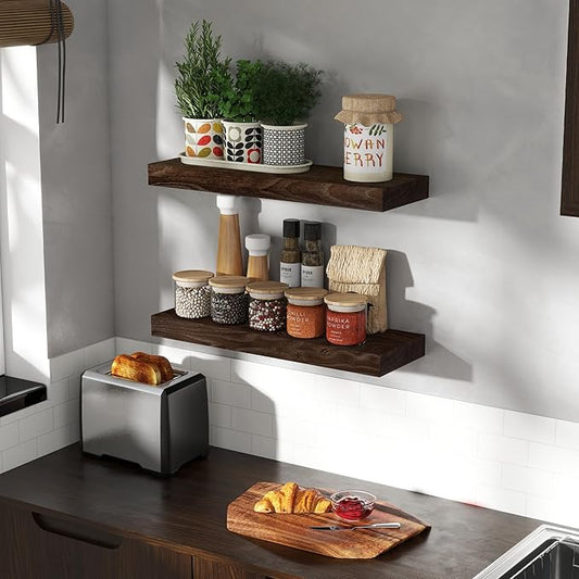 Fun Memories Wood Floating Shelves 24 Inch Long, Rustic Elm Wood Wall Shelves for Farmhouse, Living Room, Kitchen, Wall Mounted Bathroom Shelf Floating Shelf with Invisible Bracket Set of 2, Walnut