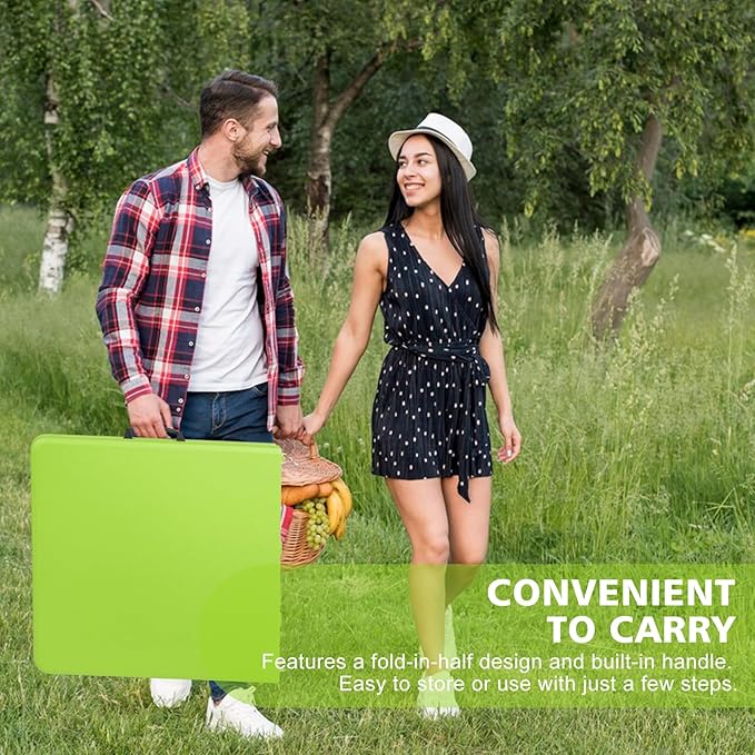 4 FT Folding Table with Carry Handle, Portable Fold-in-Half Plastic Table, Rectangle Foldable Table for Indoor/Outdoor Green