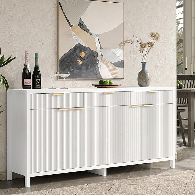 Yanosaku 66" W Fluted Buffet Cabinet, Sideboard Storage Cabinet with 3 Drawers & 2 Cabinets, Mid-Century Coffee Bar Table for Living Room, Dinning Room, White