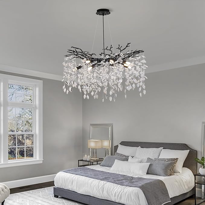 Crystal Tree Branches Chandeliers Luxury Round Hanging Pendant Light 10 Lights for Dining Room Bedroom Living Room Entryway 30.5" Black