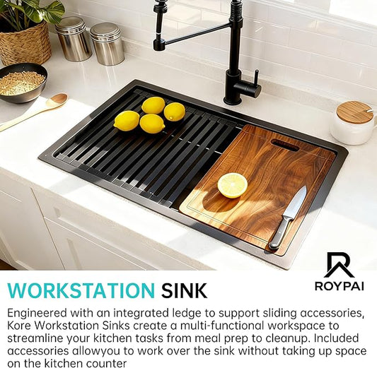 30 Inch Drop in Kitchen Sink Undermount Stainless Steel Kitchen Sinks,16 Gauge Top Mount Single Bowl Workstation Sink,Deep Handmade Kitchen Sink with Cutting Board & Strainer,Nano-coating,Black