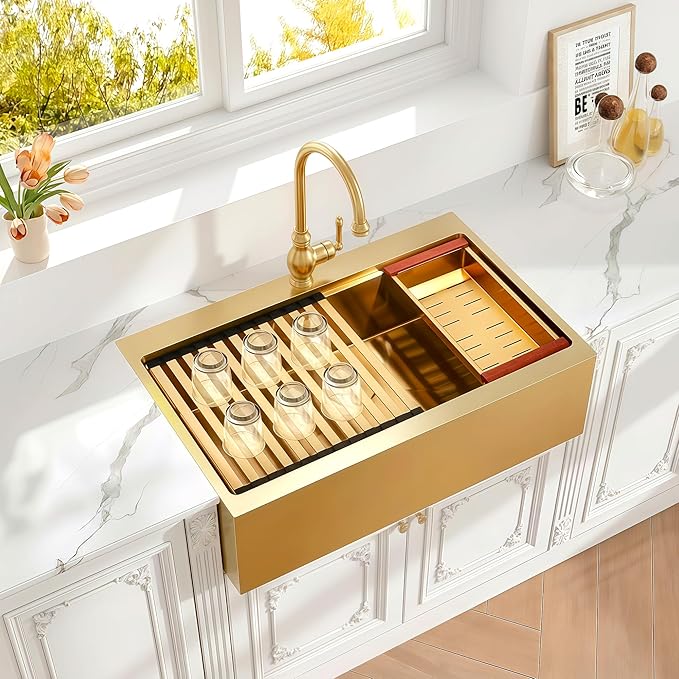 Rhbamoa 36 Inch Gold Farmhouse Sink,16-Gauge T304 Stainless Steel Drop in Kitchen Sinks,Gold Single Bowl Apron Front Kitchen Farm Sink,Deep Topmount Workstation Sinks with All Accessories