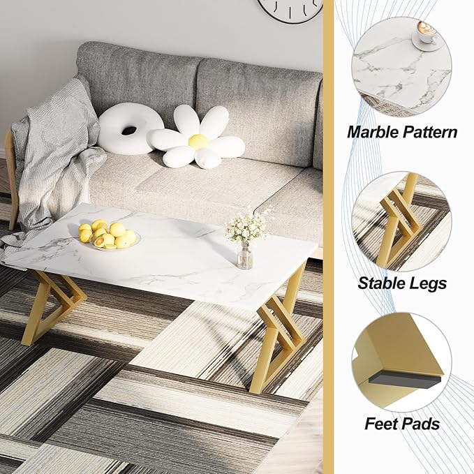 Wolawu Coffee Table Living Room Table White Center Table, Simple Modern Faux Marble Rectangular Tea Tables with Sturdy Gold Metal Frame,Industrial Wooden Coffee Table for Bedroom Home Office