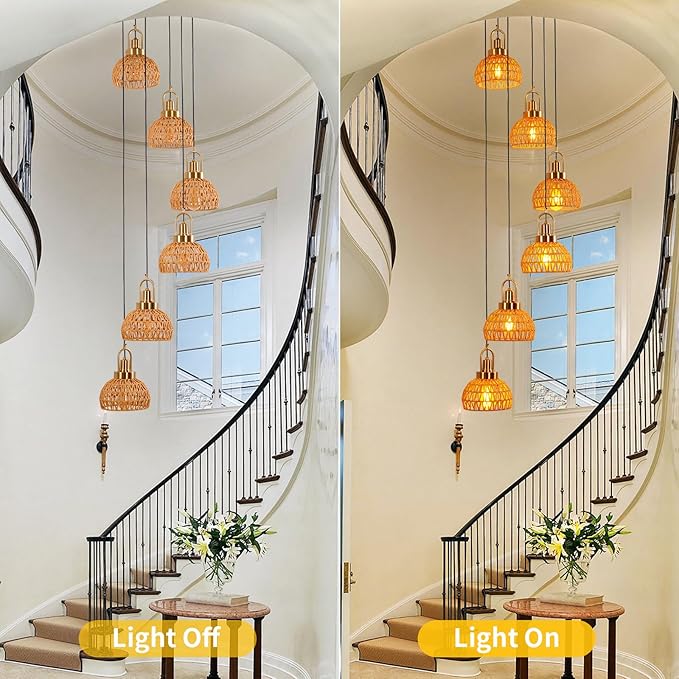 Modern Boho Gold Rattan Pendant Light 6-Lights Vintage Farmhouse Rattan Pendant Light Fixture Hand Woven Golden Bamboo Wicker Pendant Lights for Kitchen Stairwell, Entryway, Living Room