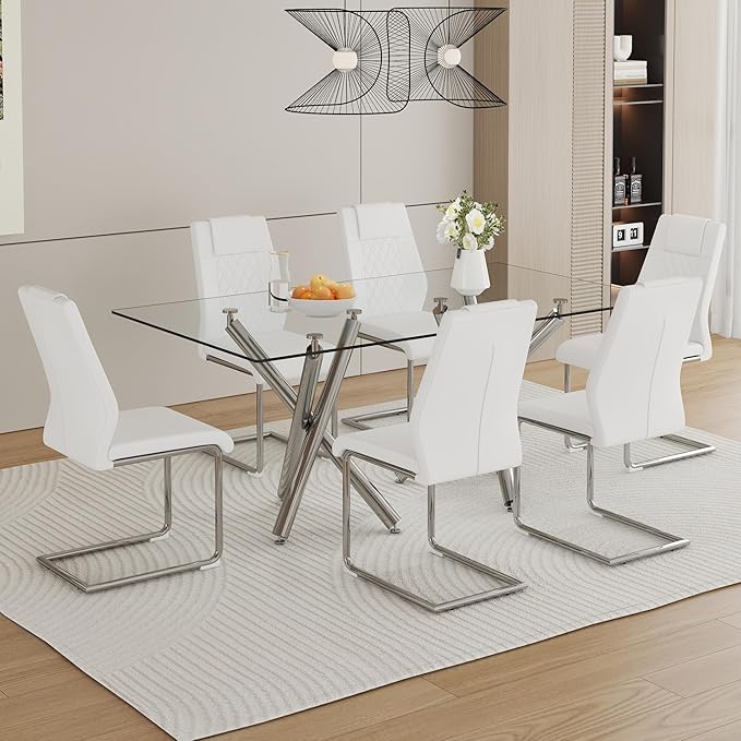 71” Rectangle Dining Table, Large Modern Dining Table for 6–8 People with 0.4" Thickened Tempered Glass Top, Glass Kitchen Table with Silver Metal Legs for Dining Room