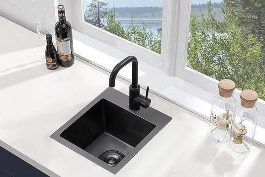 Comllen 15”x15” Black Drop In Bar Sink, Stainless Steel Small Kitchen Sink Single Bowl, Gunmetal Black Sinks for Outdoor Wet Bar Prep RV Yard Office Laundry Utility with Strainer Drain
