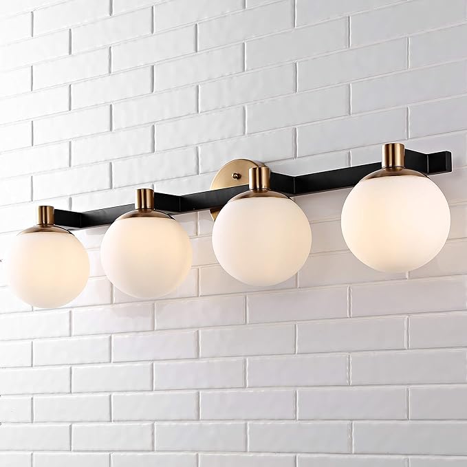 JONATHAN Y 34" Brass Gold/Black Modern Globe LED Vanity Wall Sconce Light, White Frosted Glass Shade, Mid-Century Art Deco Wall Lamp for Bathroom, Kitchen, Hallway (JYL3543A)