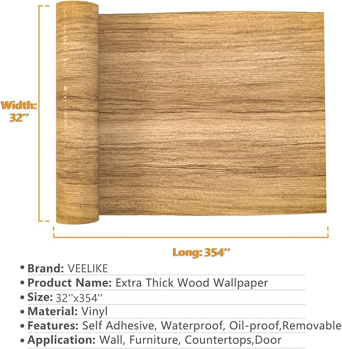 VEELIKE Wide Size 32''x354'' Brown Wood Wallpaper Peel and Stick Countertops for Kitchen Waterproof Wood Contact Paper for Cabinets Self Adhesive Removable Textured Wood Grain Vinyl Film for Furniture