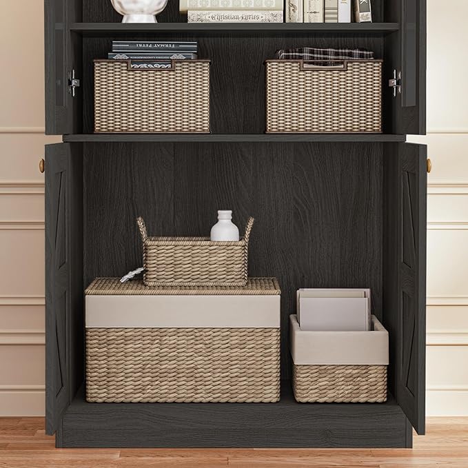 ivaniti 71" Tall Farmhouse Kitchen Pantry, Large Storage Cabinet with Glass Doors, Adjustable Shelves, 3 Drawer, Wood Versatile Hutch Cabinet for Dining Room, Living Room, Black 3 Pcs