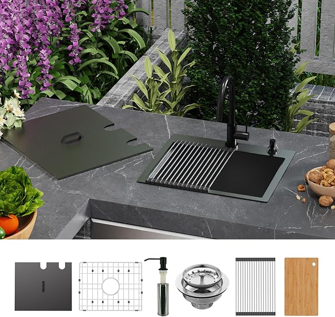 Black Stainless Steel Drop In Single Bowl Sink, 21"x18" With Dust Lid, Built-in Ledge Topmount Workstation Sink for Outdoor & Indoor Kitchens