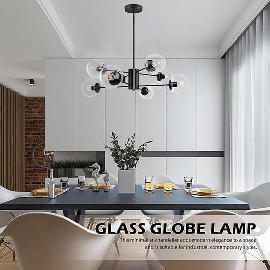 Bagood 8-Light Globe Sputnik Chandelier Mid Century Sputnik Chandeliers Modern Black Chandelier with Clear Globe Pendant Light Clear Glass Adjustable Hanging Ceiling Light for Living Dining Room