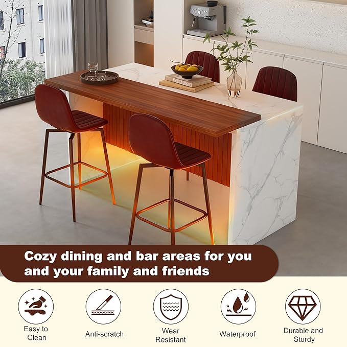 GOWE 63-inch Modern Kitchen Island Set with 4 Dark Brown Bar Stools - White Marble Look Surface, LED Lighting & Grill Design for Dining Room, Open Concept Spaces, Lounge(4 Dark Brown Bar Stools)
