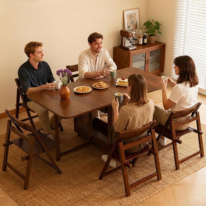 Drop Leaf Table and Chairs - 51" Fully Assembled Folding Dining Table 4-6 Seater with Storage and Lockable Wheels, Space-Saving Set with 4 Chairs for Kitchen or Dining Room (Walnut)