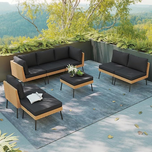 Aoxun 8 Piece Patio Furniture Set, 8 Seats Outdoor Sectional Sofas with Thick Cushion, Wicker Outdoor Patio Furniture Set with Ottomans for Party, Garden, Backyard, Black