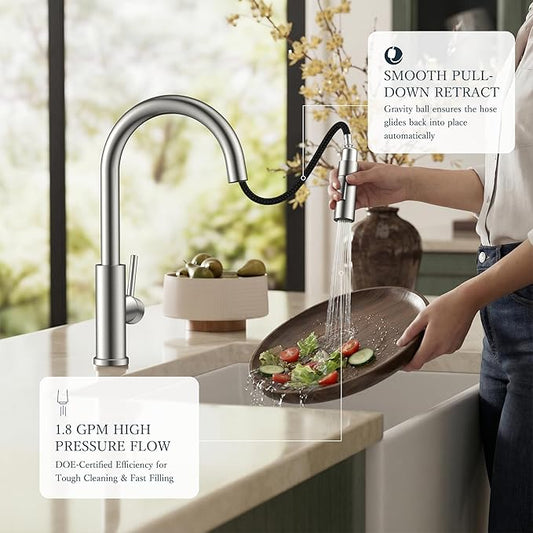 FORIOUS Kitchen Faucets with Pull Down Sprayer, Brushed Nickel Classic Single Handle Stainless Steel High Arc Faucet for Kitchen Sink, 1 Hole with Deck Plate Sink Faucet for Bar RV Farmhouse Laundry