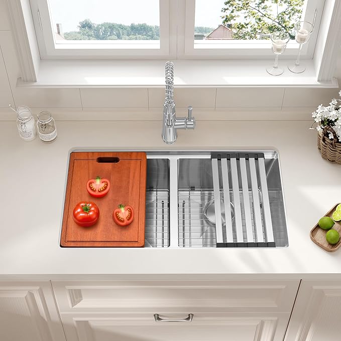 LQS 30 Inch Kitchen Sink Stainless Steel, Undermount Double Bowl Kitchen Sink, 50/50 Stainless Steel 16 Gauge Top-Grade with Fordable Roll-Up Drying Rack, Built-In Accessories and X-Shaped Drain Line
