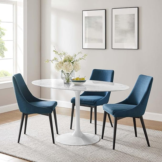 Modway Lippa 60" Oval-Shaped Mid-Century Modern Dining Table with Artificial Marble Top and White Base